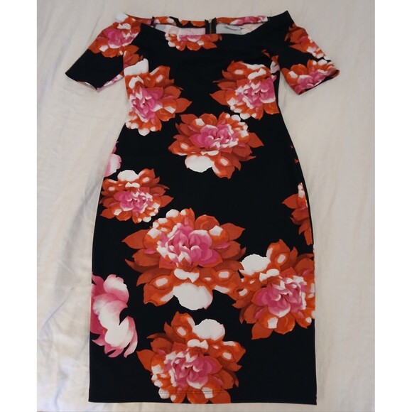 Bisou Bisou Black Floral Retro 90s Vibe Pencil Dress Sz 12 Off Shoulder Back Zip - Picture 7 of 11